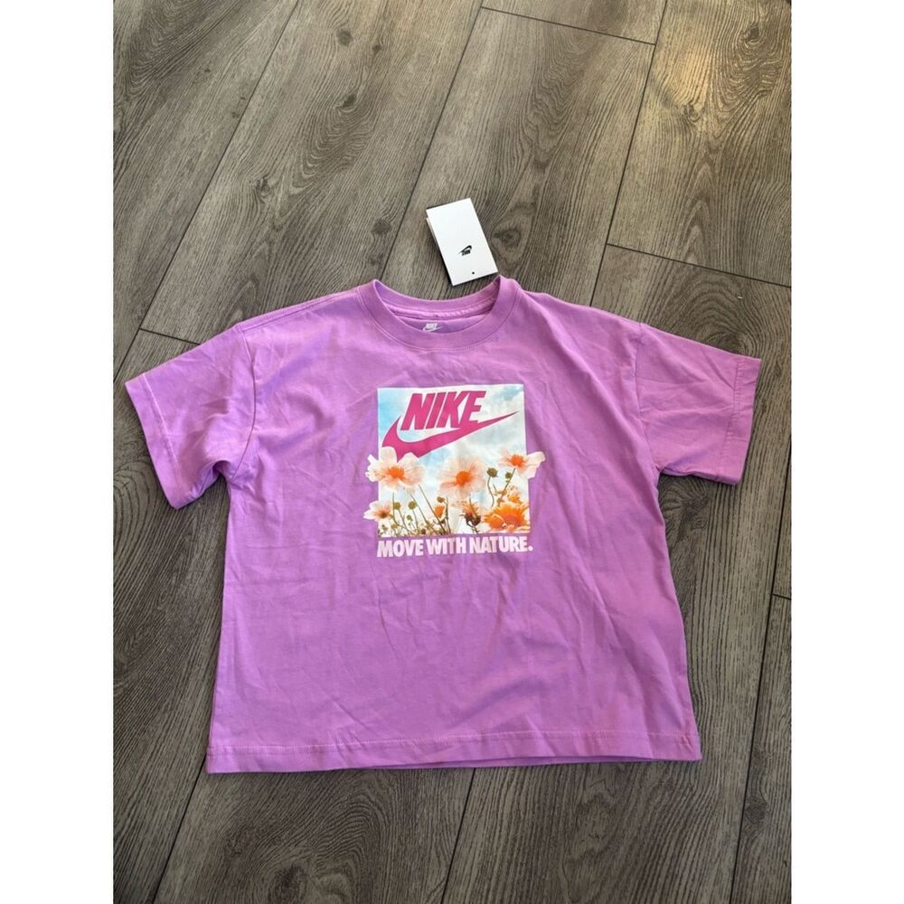 Nike Purple Graphic Tee with Floral 'Move With Nature' Print